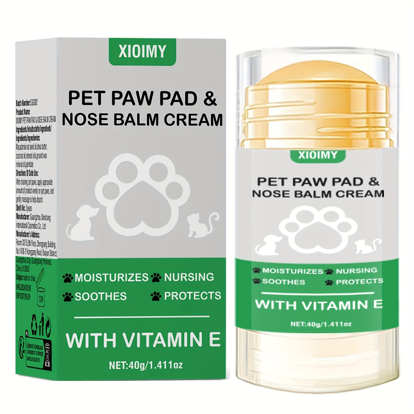 Xioimy Pet Paw Pad & Nose Balm Cream 1.411oz - Hydrating stick for cats & dogs, soothes dry cracks, all-season protection with Vitamin E.