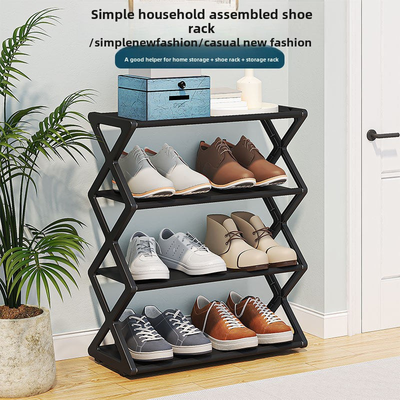 Black Plastic Freestanding Bedroom Shoe Rack with Expandable & Adjustable Fabric Shelves - Stackable X-Shape Design - 4 Tiers