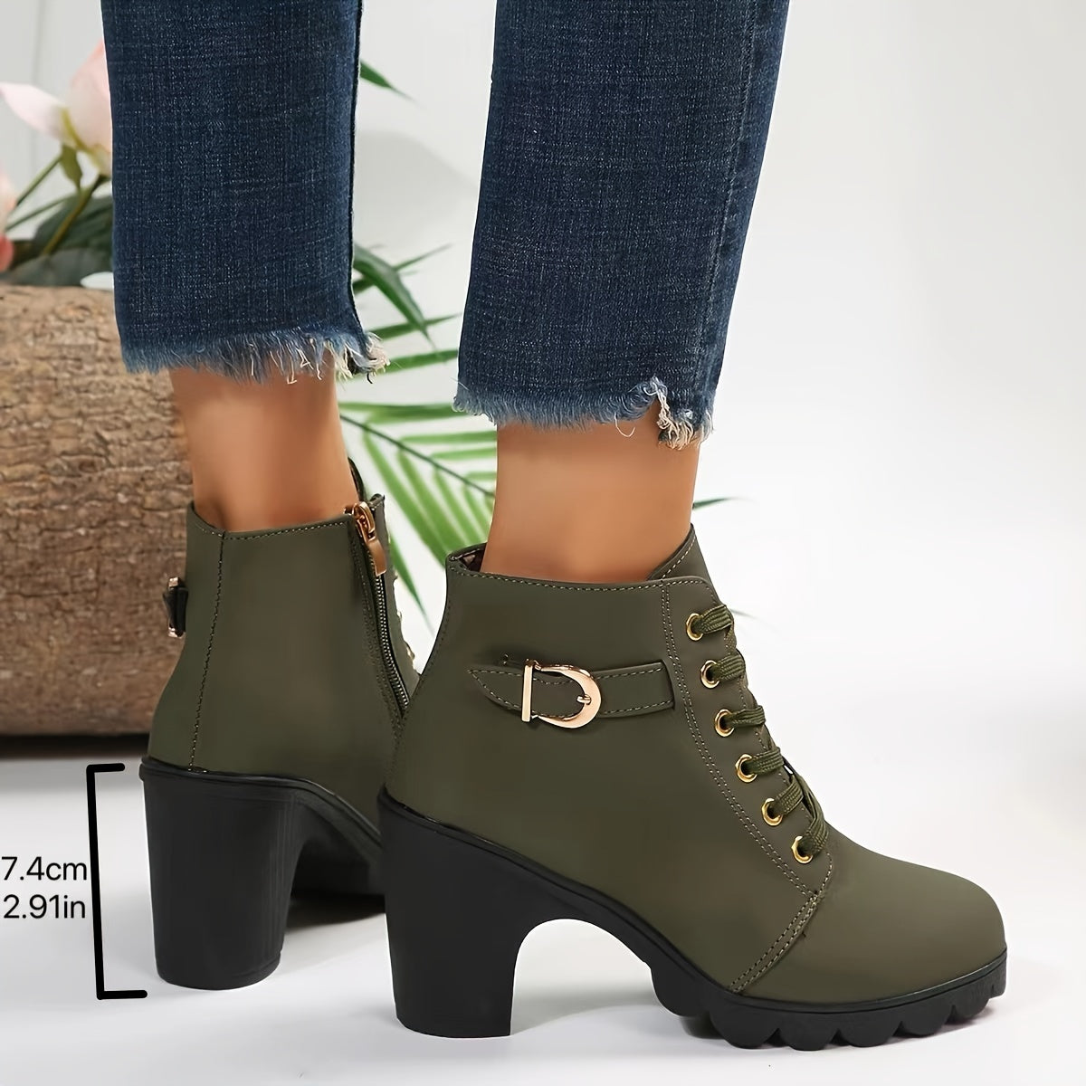 Chunky heel lace-up ankle boots for women, with side zipper.