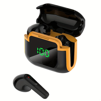 Black & Orange TWS Wireless Earbuds with LED Display - Touch Control, Sports & Gaming, Type-C Charging Case, Android Compatible