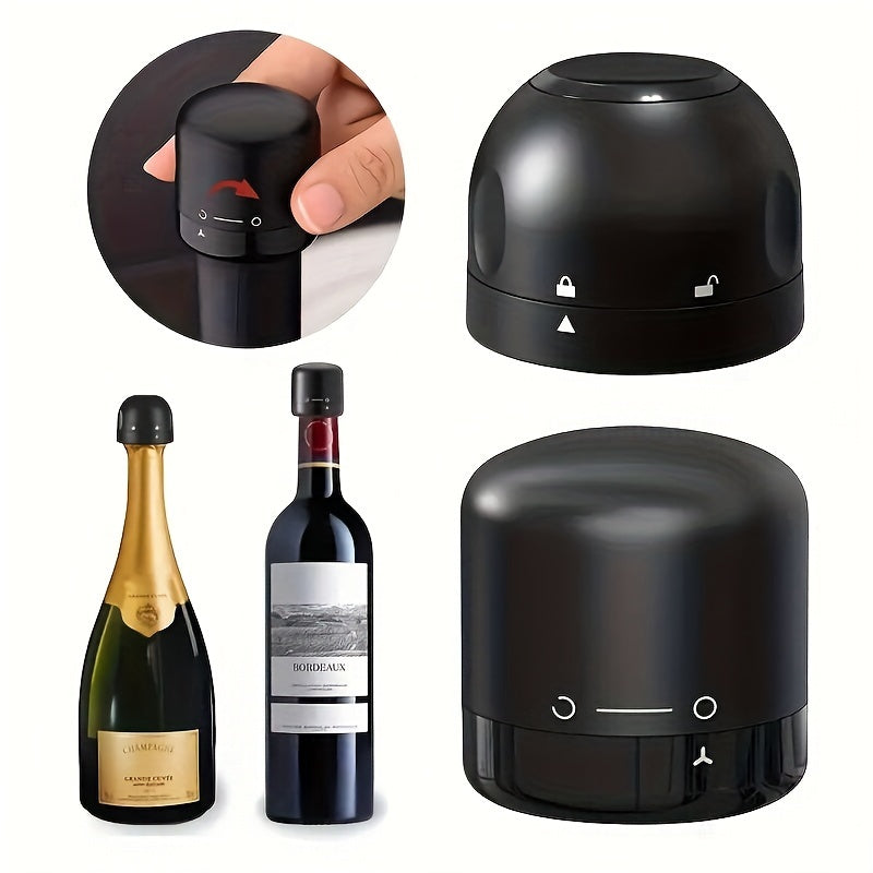 4 reusable, leakproof wine and champagne bottle stoppers in black for bars, restaurants, and hotels.