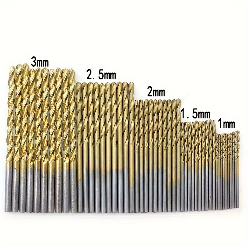 50-piece titanium coated drill bit set with high-speed steel, hex shank, precision tip. Durable tool kit for wood, metal, and plastic drilling.