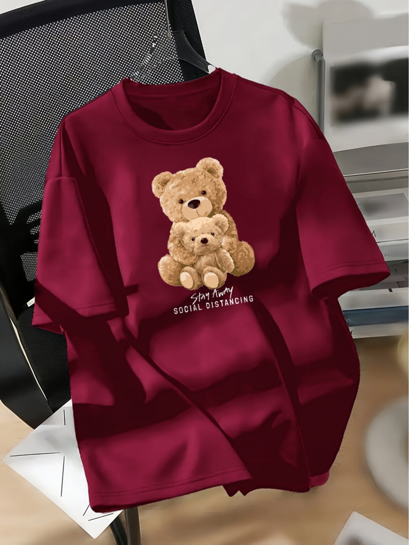 Women's casual crew neck T-shirt with cartoon bear print, made of 100% cotton. Loose fit knit fabric for all-season comfort, no chest pad or lining.