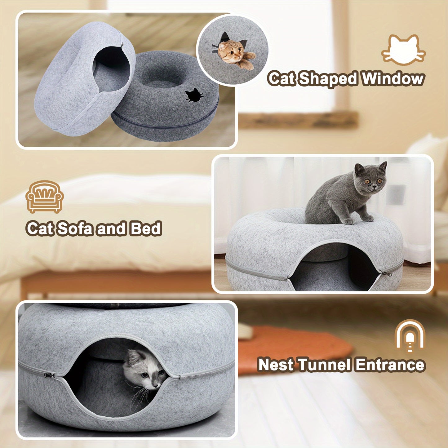 Versatile cat tunnel bed made of cozy wool felt in gray, with foldable design and zippered split for easy cleaning. Perfect for play, sofa, or bed use.