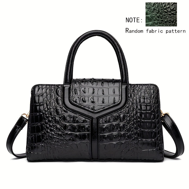 Stylish women's crocodile-embossed handbag in black with green accents, featuring a versatile crossbody and shoulder design made of durable PU material.