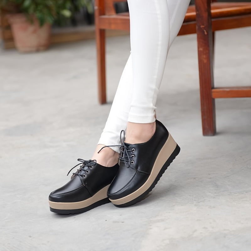 Women's Lace-Up Sneakers - Lightweight, All-Season Faux Leather Shoes with Thick Sole