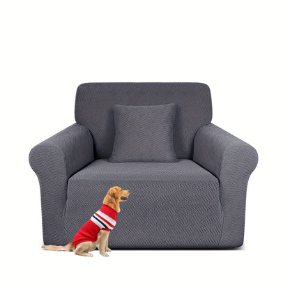 Pet-friendly sofa cover in gray striped jacquard fleece with elastic band, non-slip bottom, and all-season dust protection. Stylish and snug fit for living room furniture.