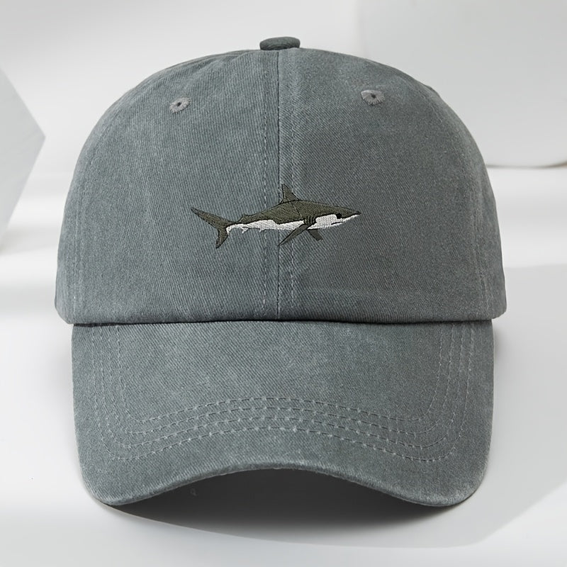 Vintage Shark Embroidery Baseball Cap with adjustable duckbill, made of 100% polyester, hand wash or dry clean only.