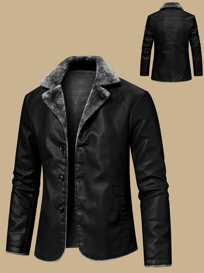 Men's warm jacket with faux fur lining, windproof for autumn/winter daily and leisure wear, made of fleece and PU leather.