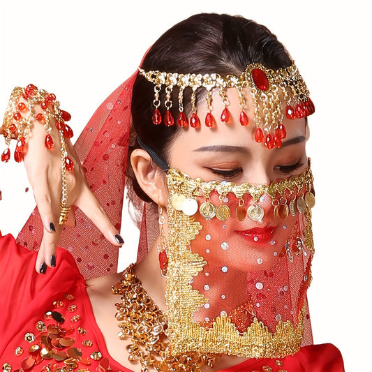 Women's Belly Dance Coin Face Covering Veil for Exotic Western Cosplay Dance Performance