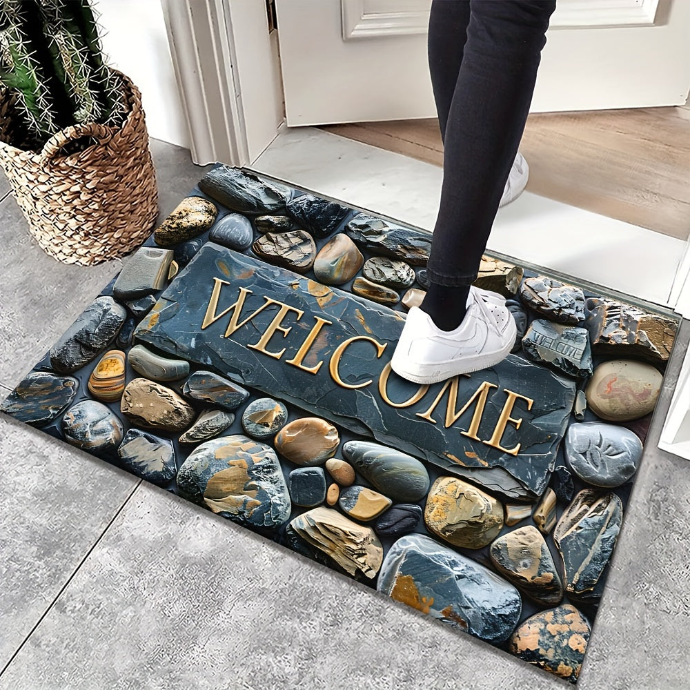 Introducing the luxurious Pebbles 3D Stone Pattern Floor Mat - a decorative delight for your home and outdoor spaces! This non-slip, waterproof, and machine washable polyester carpet features a beautiful artistic design and a luxurious texture. Perfect