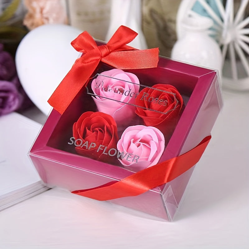 Gift box with 4 artificial rose soap flowers, ideal for Valentine's Day, Mother's Day, Christmas, or weddings.