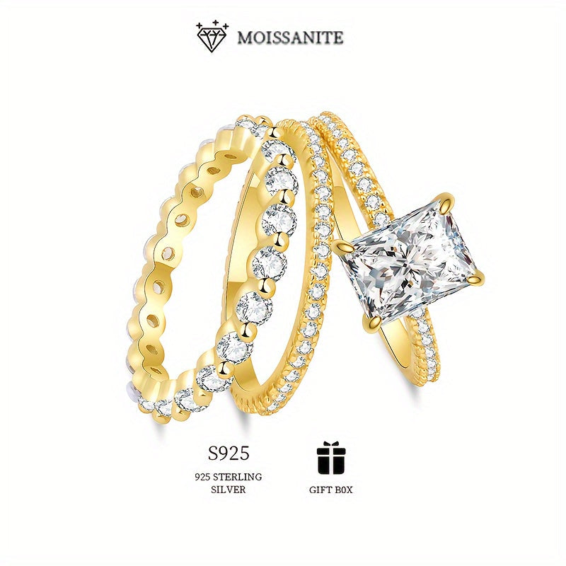 3-Piece Set of Classic Princess Beaded Stacking Rings for Women, featuring 2ct and 3ct Rectangular Moissanite Stones in Hypoallergenic 925 Sterling Silver. Perfect Valentine's Day Gift, Engagement, or Wedding Ring. Includes Moissanite Certificate and