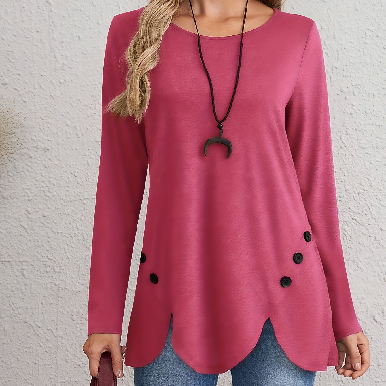 Stylish European & American Long Sleeve T-Shirt for Women - Features Decorative Buttons, Crew Neck, Stretchy Polyester Blend - Ideal for Spring/Fall seasons.