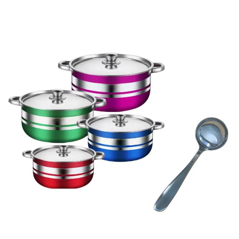 4-piece Set of Colorful Stainless Steel Cookware with Lids, Double-Bottomed Stockpots, and Serving Spoon - Suitable for all Stovetops - Must-Have Kitchen Essentials