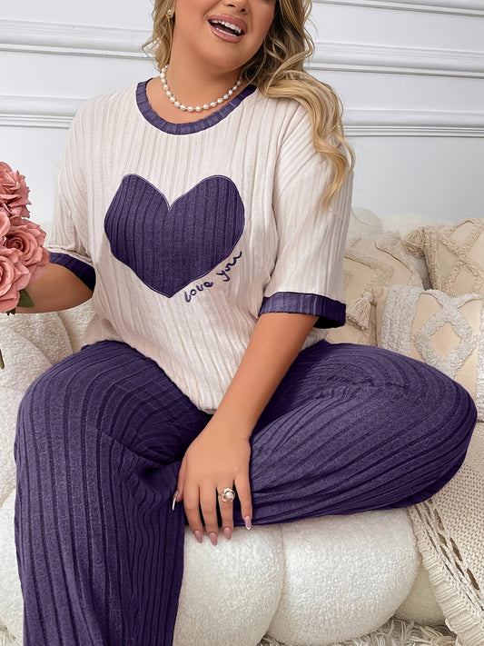 Cozy heart embroidered pajama set in plus size, includes short sleeve top and long pants made of soft polyester. Machine washable.