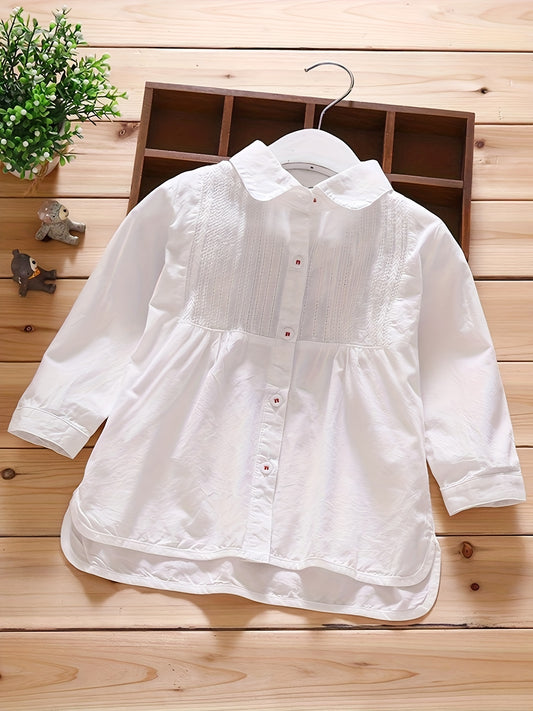 Solid Color Woven Long-Sleeve Shirt for Girls, Ideal for Spring, Summer, and Autumn.