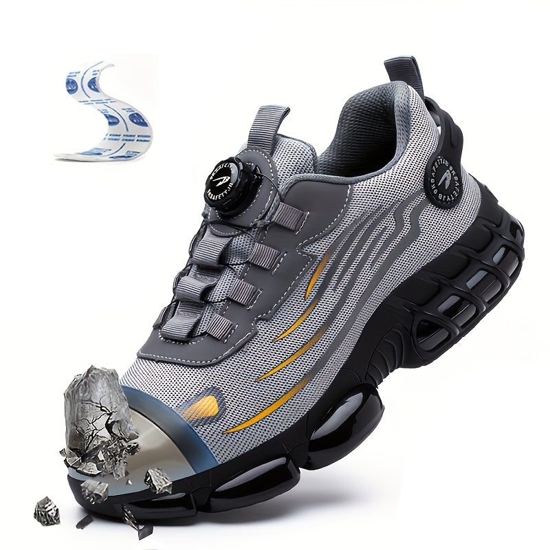 Breathable mid-top safety shoes with lace closure, steel toe cap, rubber sole, and fabric insole. Comfortable and protective work footwear.