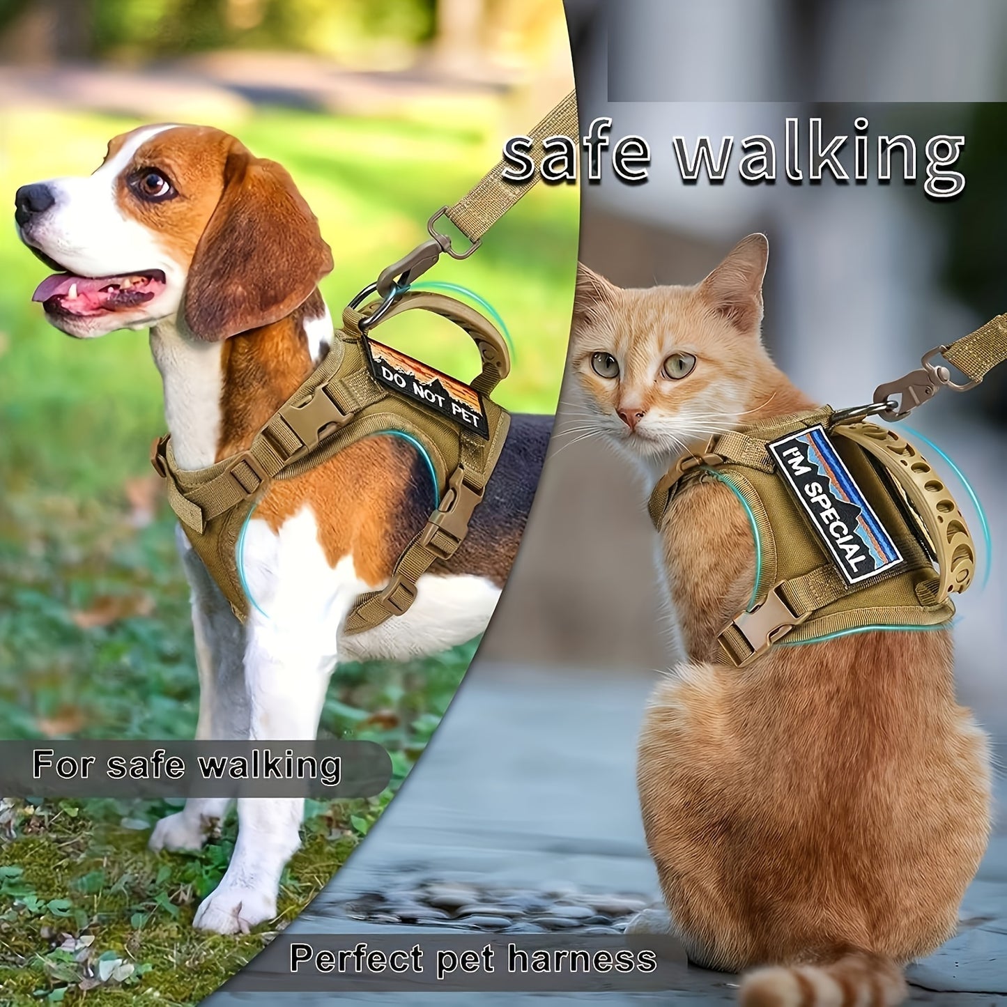 Cat harness set for walking with adjustable chest vest.