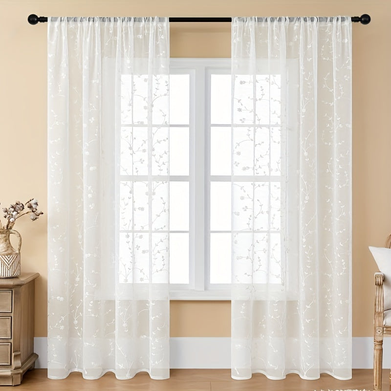 Pair of delicate, transparent gauze curtains adorned with small floral embroidery. These lightweight curtains are heat-insulating and breathable, making them perfect for use in living rooms, bedrooms, restaurants, hotels, or outdoor weddings. Ideal for