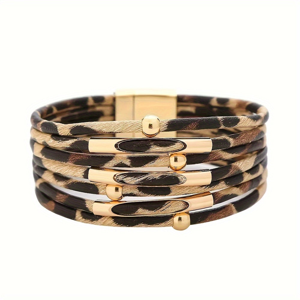 Stylish leopard print PU leather bracelet with plating - Ideal for Breast Cancer Awareness Day or any party!