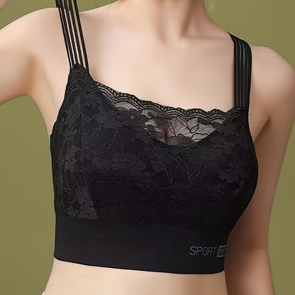 Stylish lace bra with V-neck and wireless design, perfect for women's lingerie.