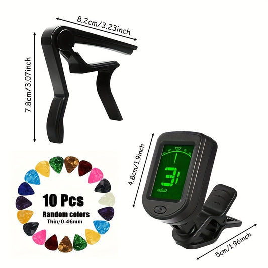 13pcs/Set, includes Guitar Beginner Accessories Set with premium Guitar Capo, Tuner, 10 Free Plectrums, Plectrum Holder. Perfect for fast, accurate tuning on any guitar.