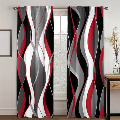 A modern abstract geometric curtain set, featuring 2 pieces in black and white. These semi-transparent privacy drapes are perfect for the living room and bedroom, and are machine washable for easy cleaning.