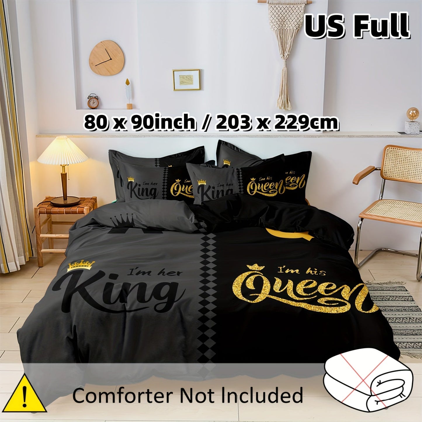 Valentine's Day Queen & King Crown Design Duvet Cover Set - 3 Piece Set, Printed Crown Design, Soft Polyester, Breathable, Machine Washable - Includes 1 Duvet Cover & 2 Pillowcases (Insert Not Included)