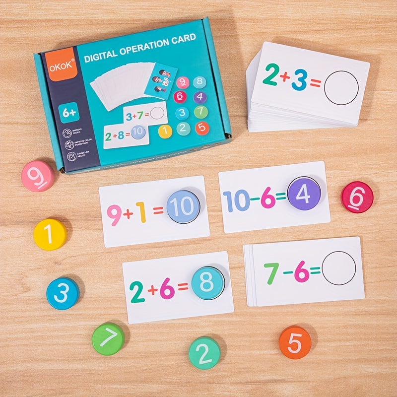 Digital operation card for kids aged 5-7, featuring preschool educational activities with mixed color flash cards and wooden reading blocks. A toy that promotes logical thinking, suitable