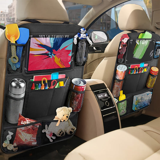 Backseat organizer with tablet holder for car, Kids car seat protector with kick mat and touch screen, Seat back storage bag with mesh pockets for hanging.