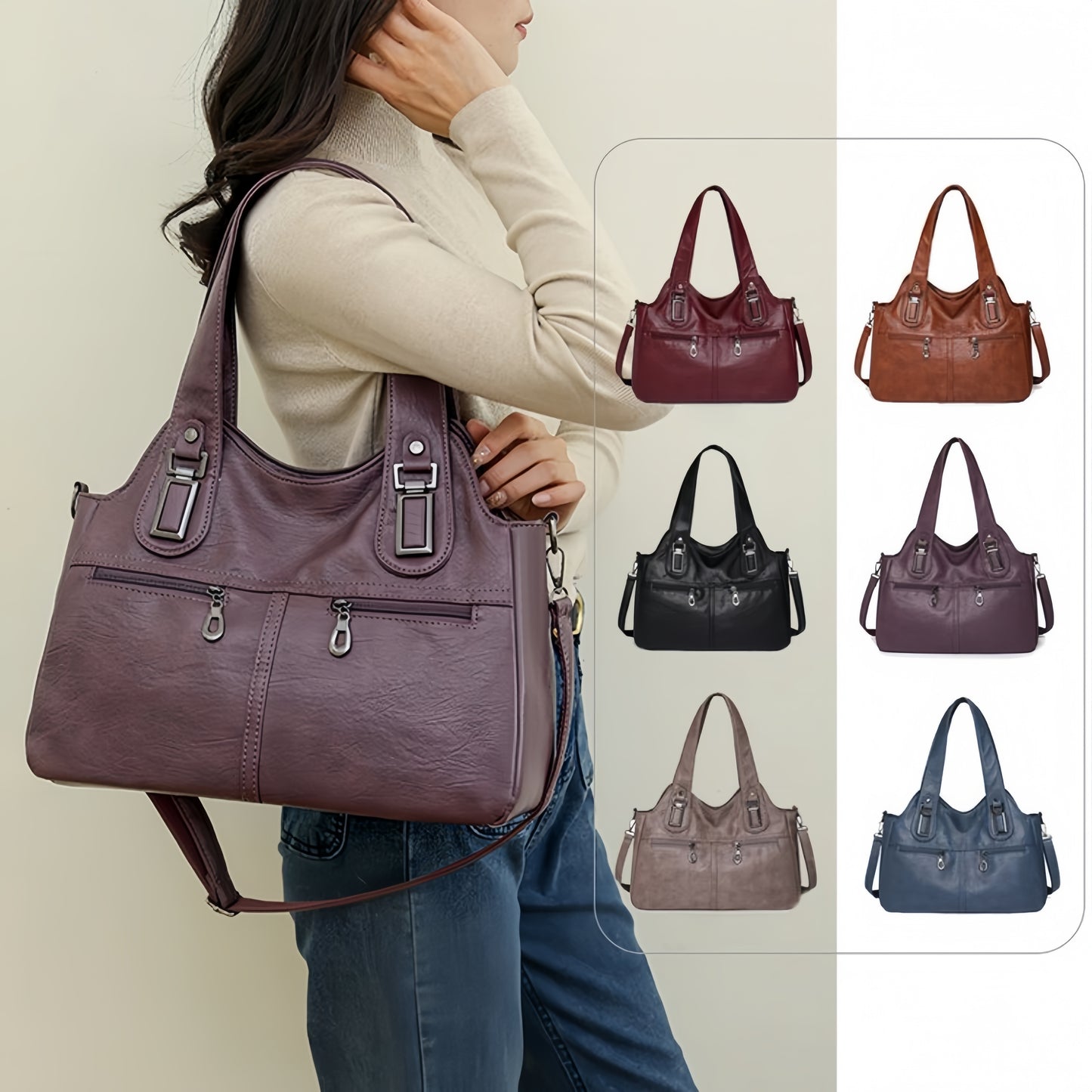 Stylish women's crossbody bag with multiple pockets, detachable strap, chic design, zip closure, and polyester lining.