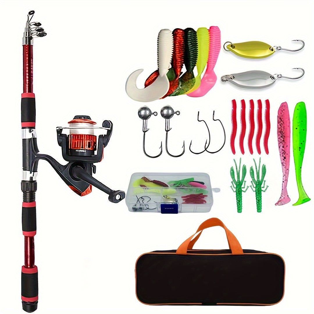 All-in-one fishing rod kit with telescopic rod, spinning reel, bait hooks, and travel set.