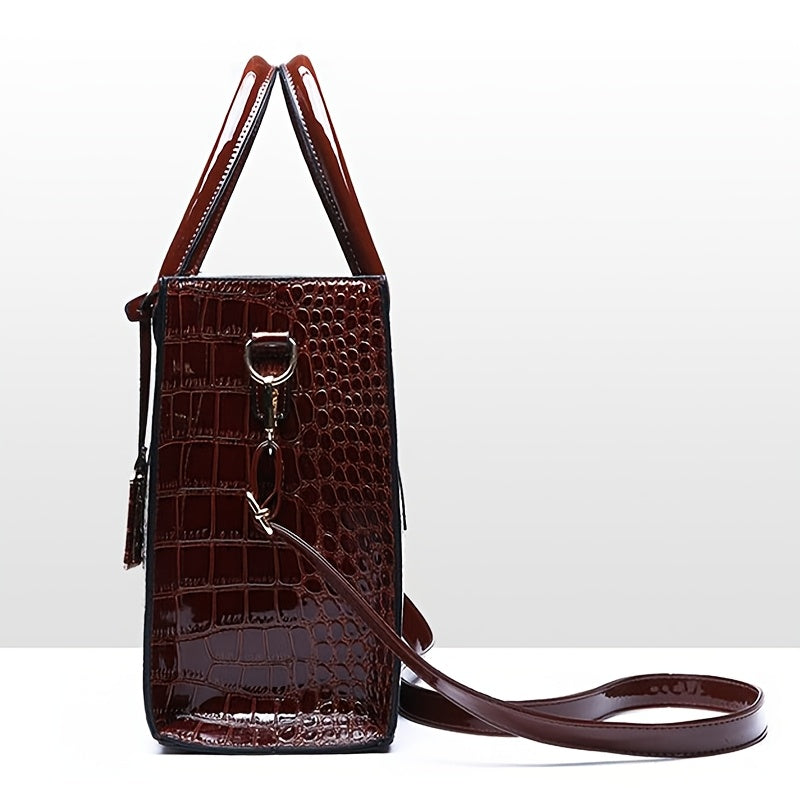 Stylish crocodile pattern handbag, great for travel or gifting, with spacious interior and versatile carrying choices.