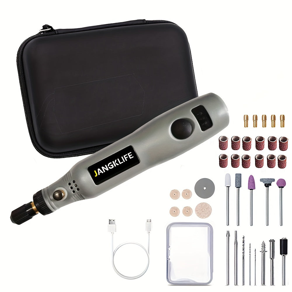 Cordless rotary tools set including rechargeable engraving pen, electric adjustable-speed engraving pen, and portable wood carving tools for grinding, polishing, and etching.