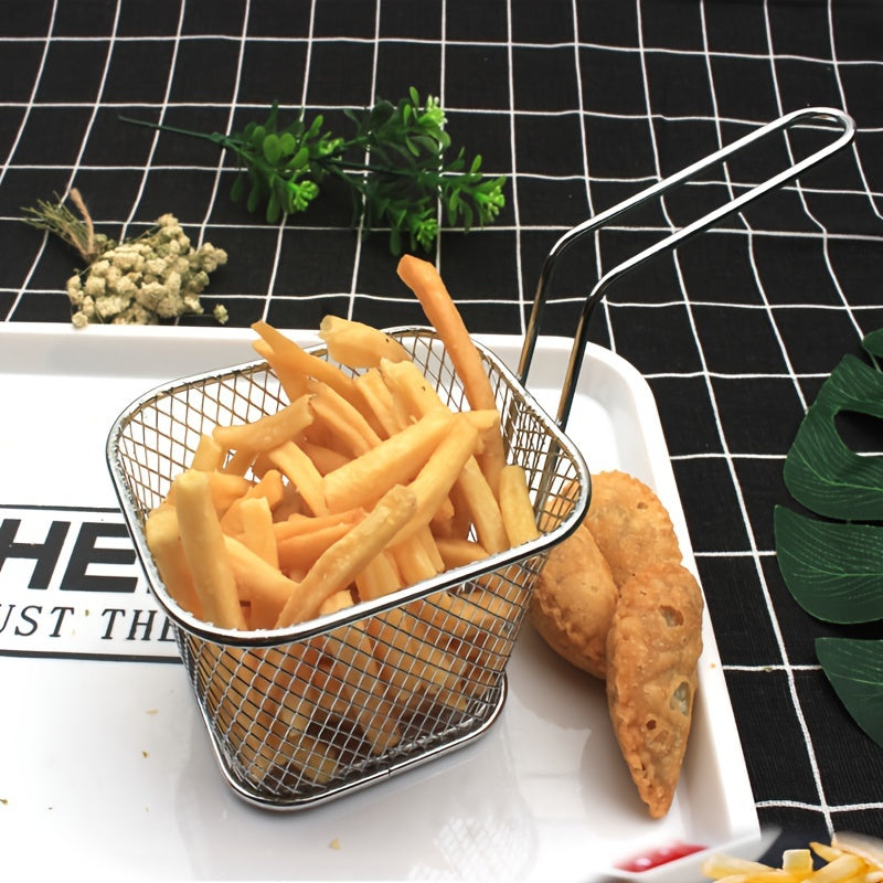 Durable stainless steel basket perfect for fried foods and drinks at kitchen and restaurant tables.