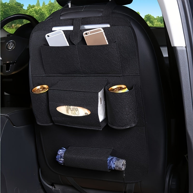 Multi-functional car seat back hanging storage bag for car interior.