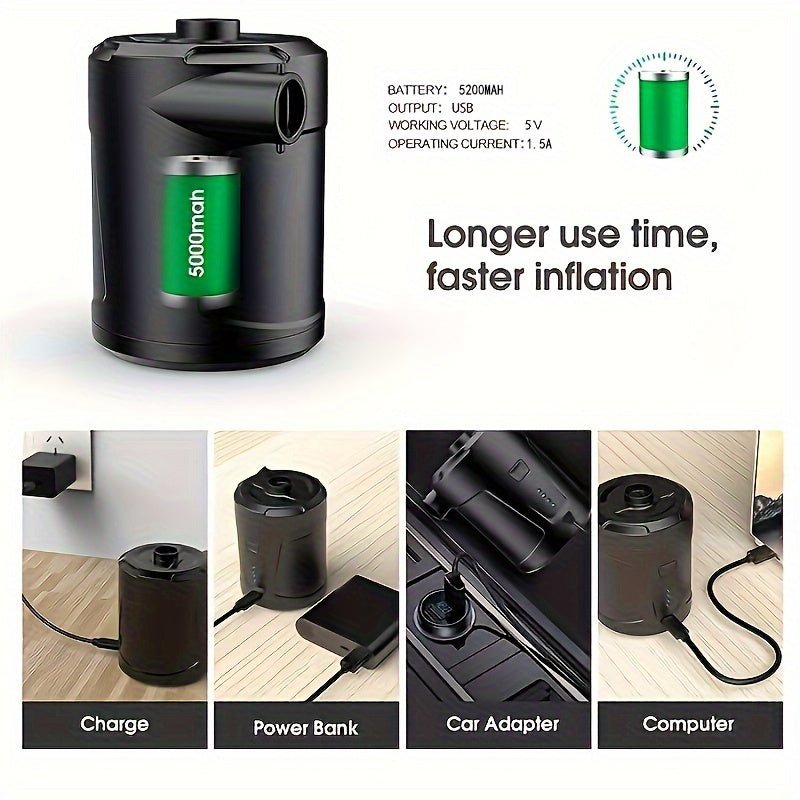 Portable dual-purpose electric pump for swimming pool, air mattress, etc. - 5200mAh rechargeable battery, black.