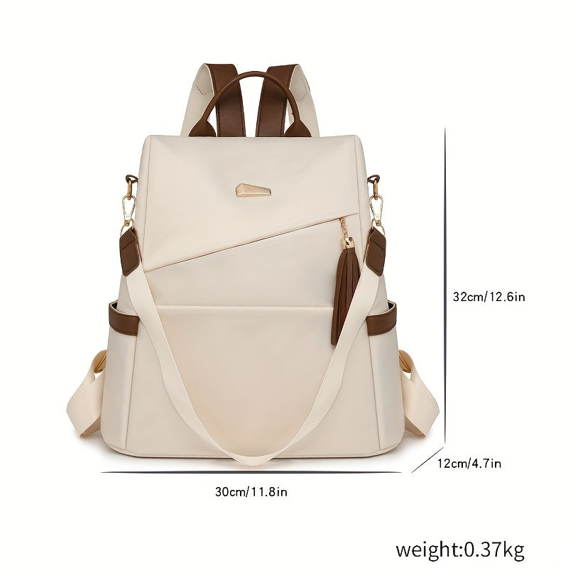 Stylish women's anti-theft backpack purse in white & brown with adjustable straps, large capacity, and golden-toned hardware, perfect for travel.