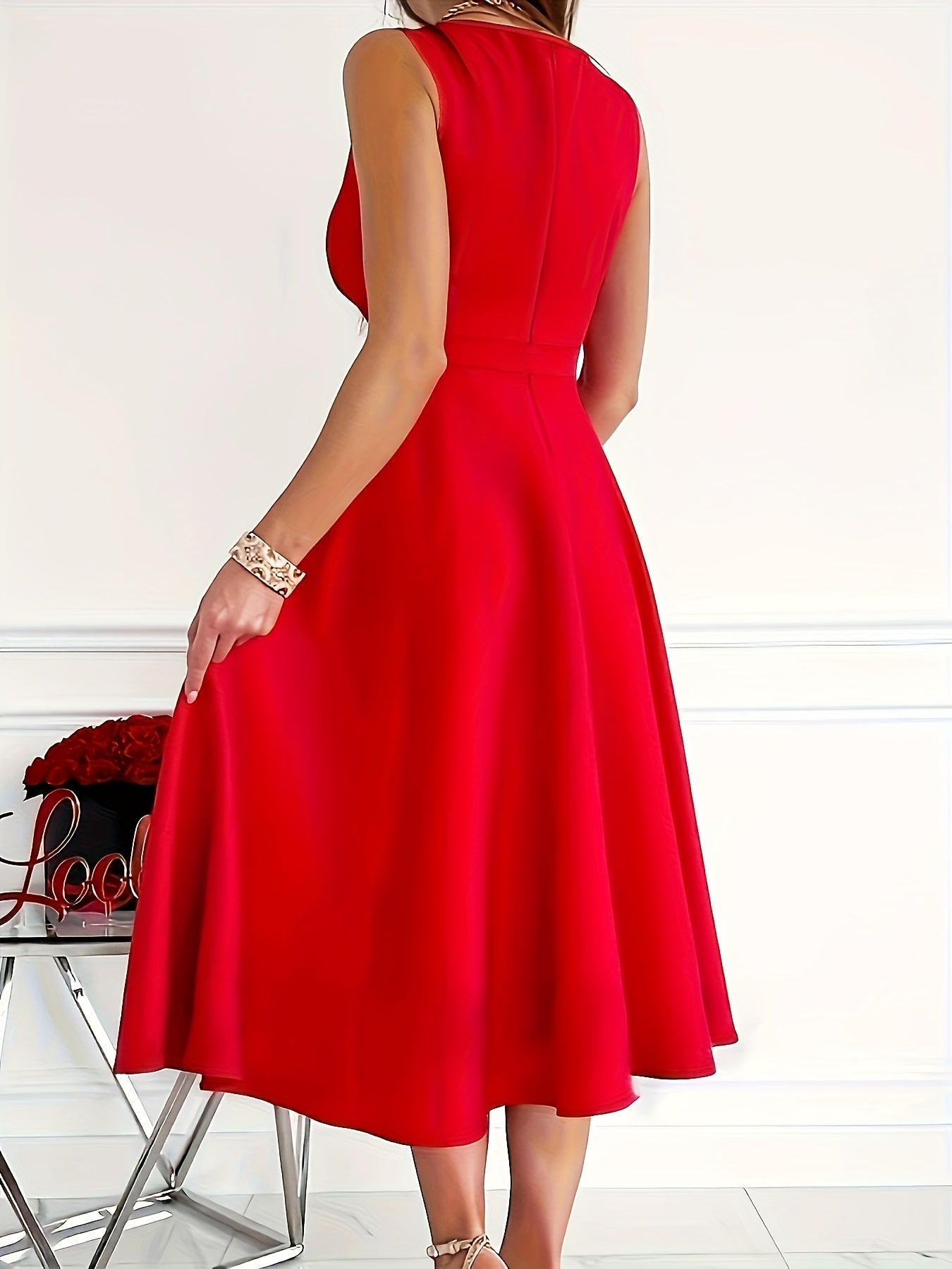 Stylish midi dress for women with V-neck, ruffle hem, and waist detail, ideal for parties and cocktails, can be machine washed.