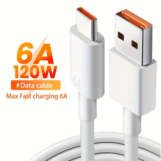 Single 6A 120W USB-C cable for fast charging and data transfer, compatible with Huawei, Xiaomi, and Vivo devices. Features high-speed data transmission and quick charge capability.