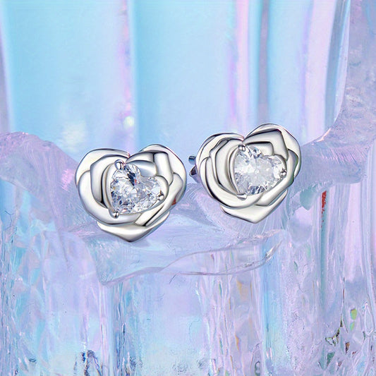 Beautiful Heart and Rose Stud Earrings crafted for Women, made of Hypoallergenic 925 Sterling Silver adorned with Sparkling Cubic Zirconia. An ideal Gift for Valentine's Day, weighing 3.1g, suitable for Daily Wear, perfect for Boyfriend & Girlfriend.