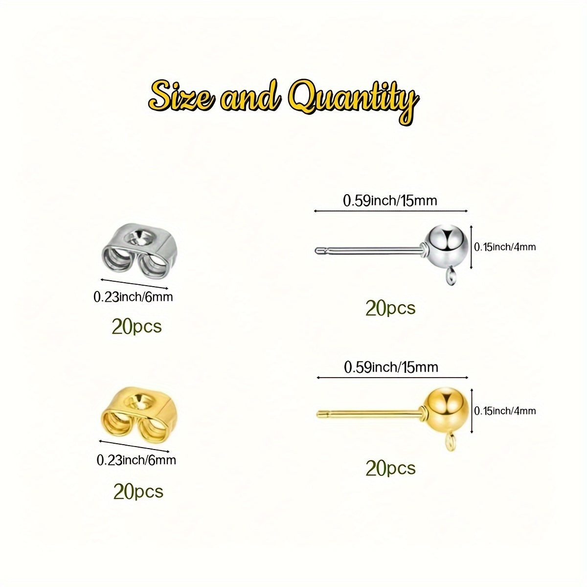 This set includes a total of 80 pieces of ball and column earrings, consisting of 40 round ball and column earrings and 40 butterfly earring backs. Perfect for DIY jewelry making, these pieces are available in both silvery and golden colors.