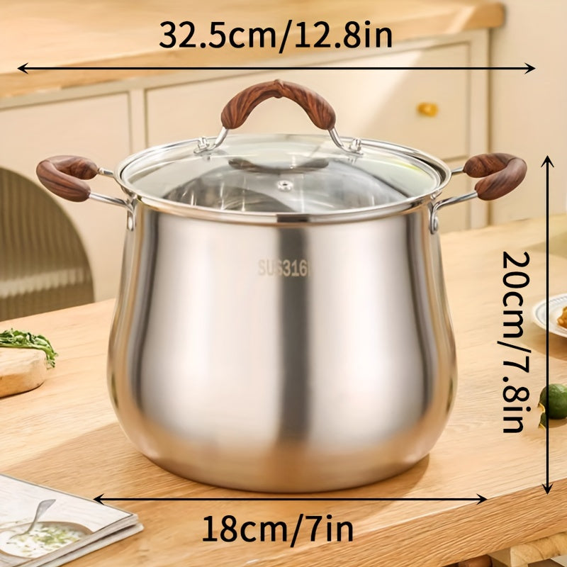 One-piece, versatile Stainless Steel Soup Pot with Lid is highly resistant to high temperatures, featuring a thickened bottom for long-lasting durability. Perfect for preparing soups and stews, this essential kitchenware is a must-have for home cooking