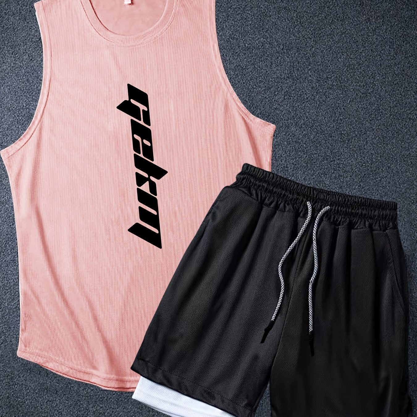 Men's 2-piece basketball outfits with letter print, casual graphic tank top and loose drawstring 2-in-1 shorts set.