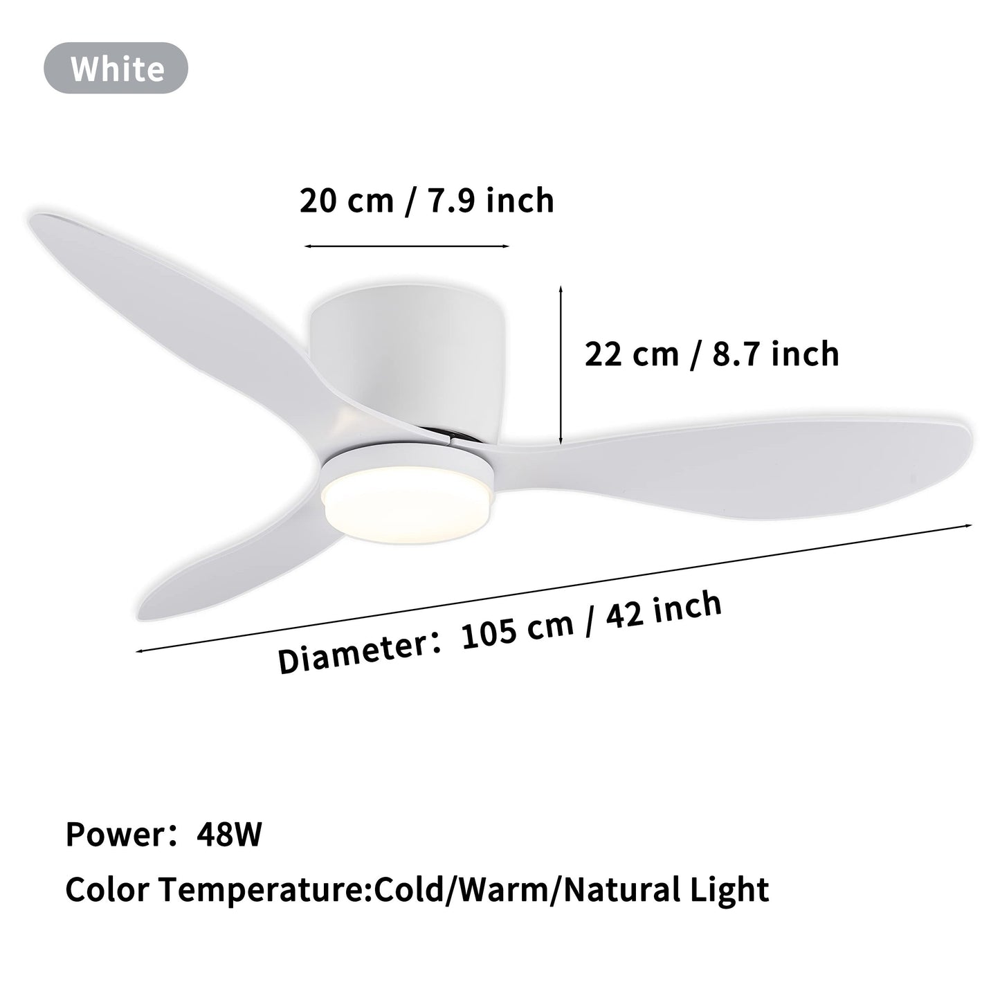 52/42 inch modern ceiling fan with LED lights, remote, adjustable color temperature, 6 wind speeds, 3 blades. For indoor use in living room, bedroom, dining room. Hardwired, 85V-265V. Model