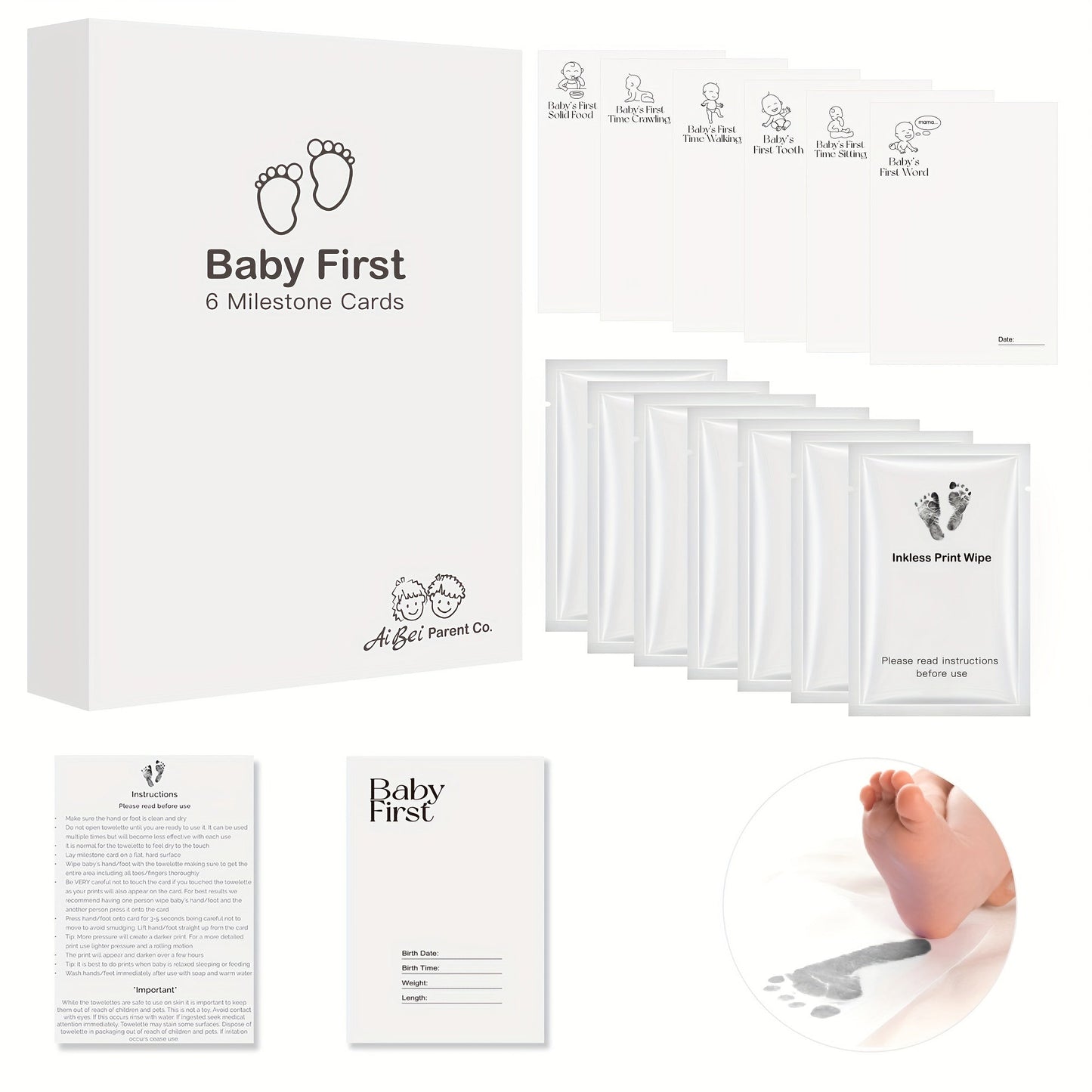 7-piece Ai Bei Parent Co First Milestone Keepsake Kit includes Inkless Hand & Footprint Cards, Clean Touch Memory Casting Paper, and 7 Wipe Bags. Perfect for capturing memories from birth to 3 years old, this kit makes a wonderful family memory gift.