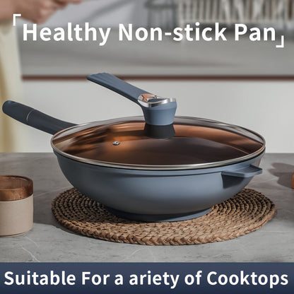 Set of 2 or 4 Non-stick Woks with Lids, includes steamer and spatula. Versatile Household Frying Pan suitable for Gas Stove or Induction Cooker. Features Round and Flat Bottom for Stir-frying. Universally compatible.