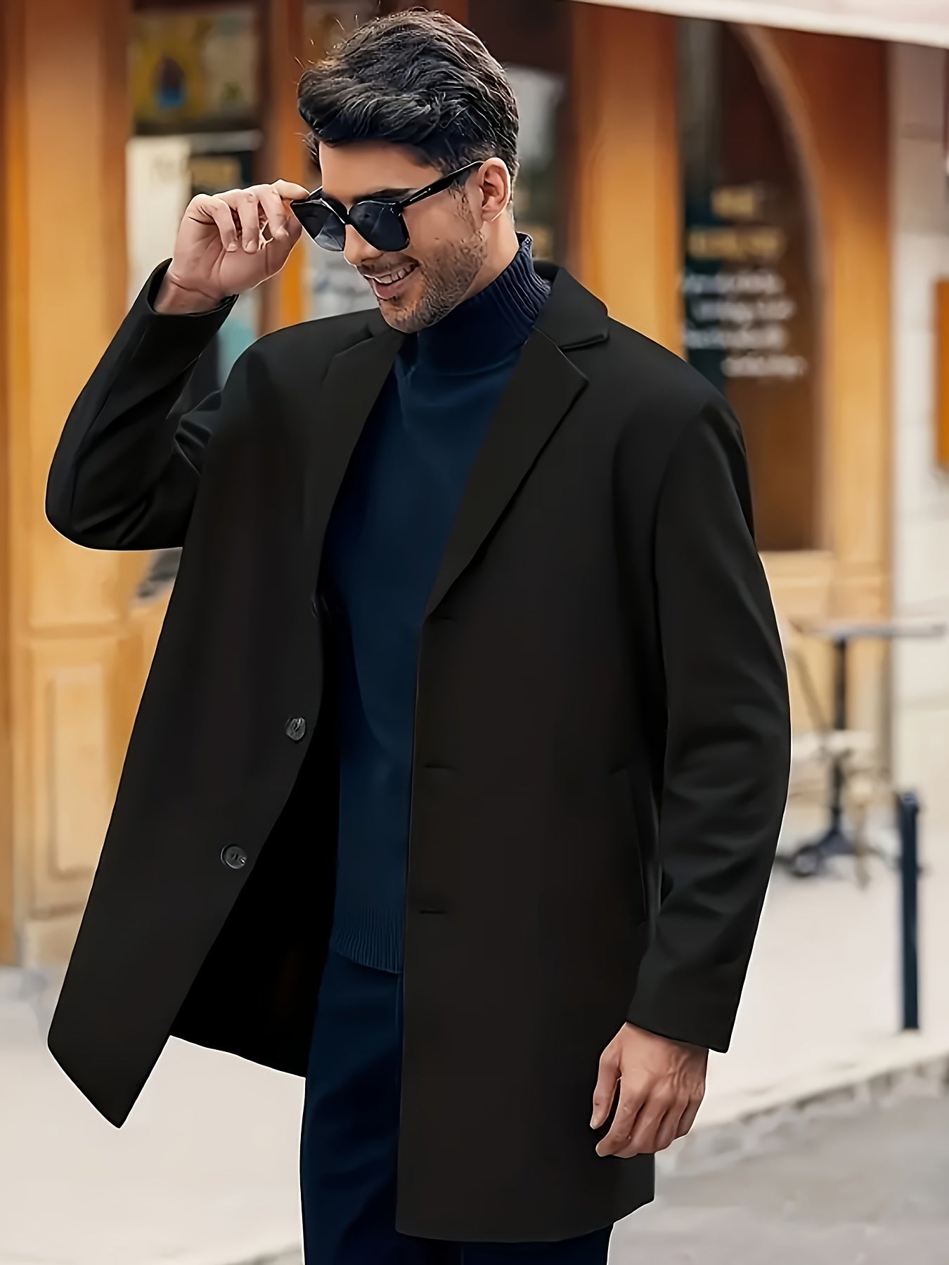 Men's plus size casual trench coat made of 100% polyester solid color non-stretch woven fabric with lapel collar, button detail, and loose fit, suitable for spring/fall outerwear.