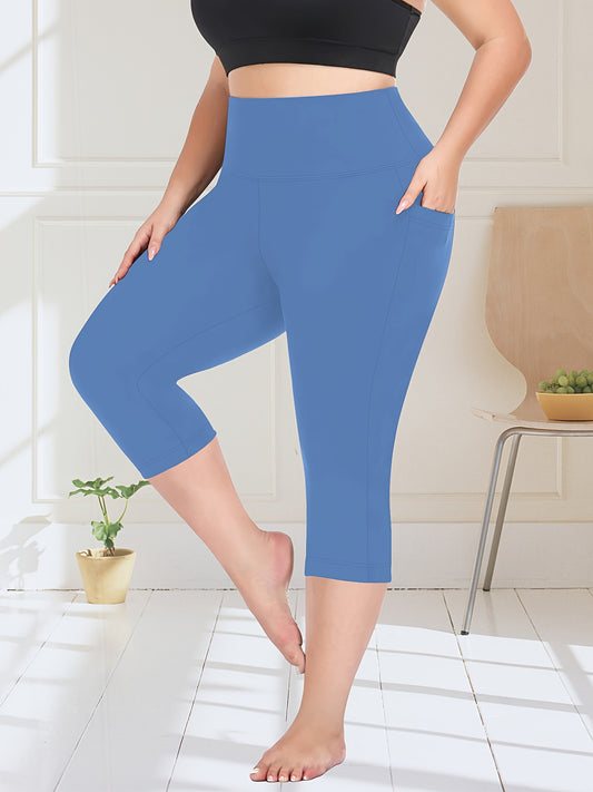 High waist capri leggings for plus size women with side pockets. Made of 88% polyester and 12% elastane, stretchy and perfect for all seasons. Casual solid color knit fabric with 200g/m²